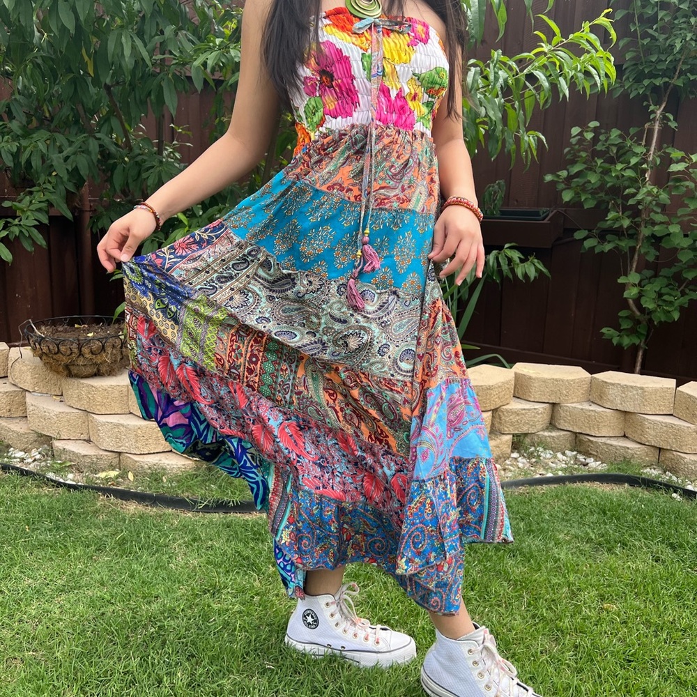 Smocked Ruched Patchwork Boho Dress Skirt - Picture 10 of 17